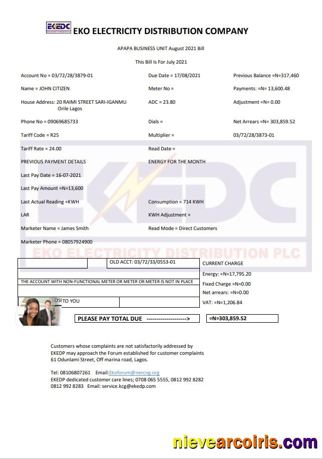 Nigeria Eko Electricity Distribution Company EKEDC utility bill